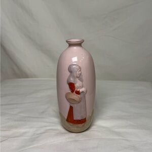 Vintage Pink Ceramic Vase with Lady with Basket